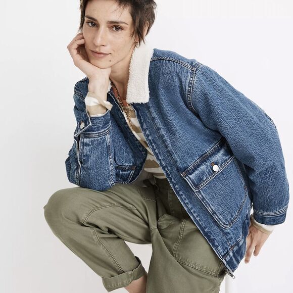 NEW Madewell Sherpa-Lined blue Denim Zip‎ Jacket, size S - Picture 1 of 16